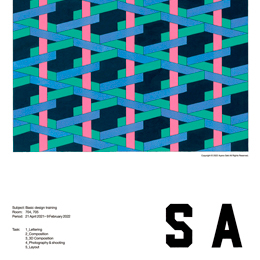 1年｜グラフィック演習<br>平面構成＋レタリング＋グリッドシステム<br><br>授業概要｜デザインに必要な基礎造形的実技と理論を習得し、グラフィックで表現する力を培う。